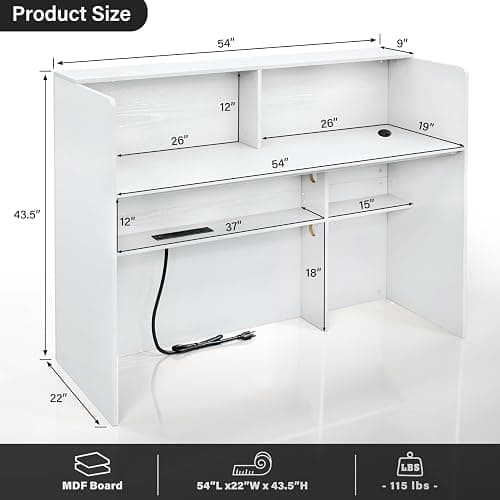 TC-HOMENY Reception Desk with LED Lights, 55'' Retail Counter Modern with Storage Shelves and Cable Grommet, Front Table, Salon Desk, Office Table,White thumbnail 2