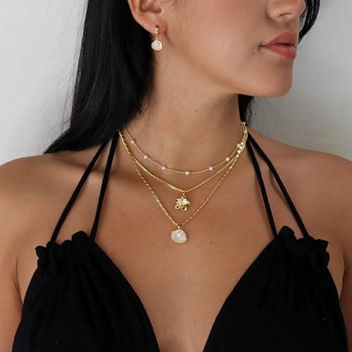 Sargetou Charm Necklaces for Women,14k Gold Plated Waterproof Dainty Choker Necklace Summer Seashell Pearl Beach Cute Necklaces Set Fashion Jewelry Gift thumbnail 5