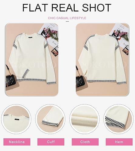 Dokotoo Sweaters for Women Fashion Solid Crewneck Loose Fit Long Sleeve Contrast Cable Knit Pullover Sweater Jumper Tops thumbnail 6