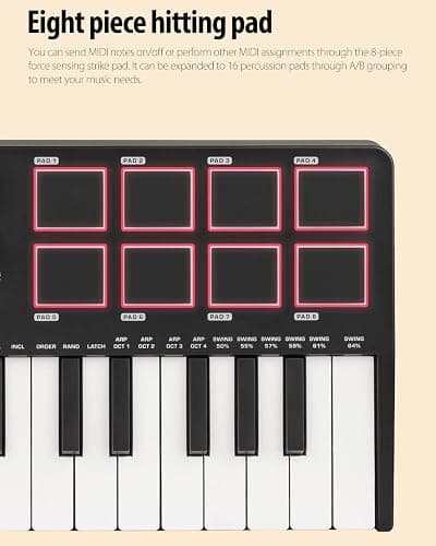 KOKKO 25 Key MIDI Controller Keyboard, USB Powered Mini MIDI Keyboard with 8 Backlit Pads 8 Assignable Knobs, Built-in Arpeggiator for Music Production, Compatible with Cubase/FL Studio/Logic thumbnail 8