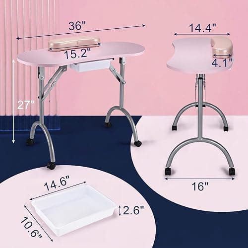 Joligrace Manicure Table Nail Desk Professional Foldable Portable Table | Nail Technician Workstation 4 Lockable Wheels with Drawer Client Wrist Pad Free Carrying Bag Travel Nail Tech Spa Table Pink thumbnail 3