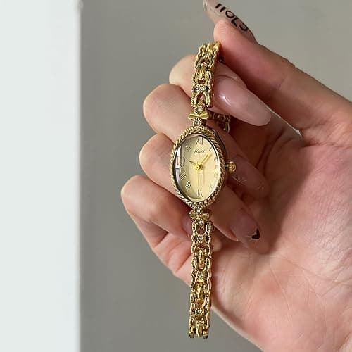 CARLIEN Fashion Vintage Gold Oval Quartz Watches for Women - Alloy Steel Band Slim Bracelet - Roman Numerals Numbers - Dainty Elegant Dress Wristwatch Waterproof thumbnail 3