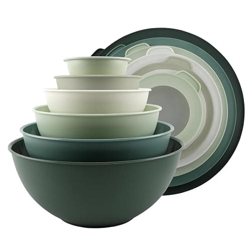 COOK WITH COLOR Mixing Bowls with TPR Lids - 12 Piece Plastic Nesting Bowls Set includes 6 Prep Bowls and 6 Lids - Microwave Safe (Sage) - Sage TPR Lids - Image 1