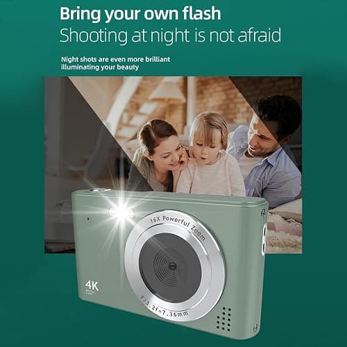 Andoer 4K Digital Camera, 48MP Compact Portable Photo Camera 2.4 Inch Screen 16X Digital Zoom Anti-Shake Face Detection Beauty Effect Motion Detection for Kids Teen Students Beginner (Army Green) thumbnail 3