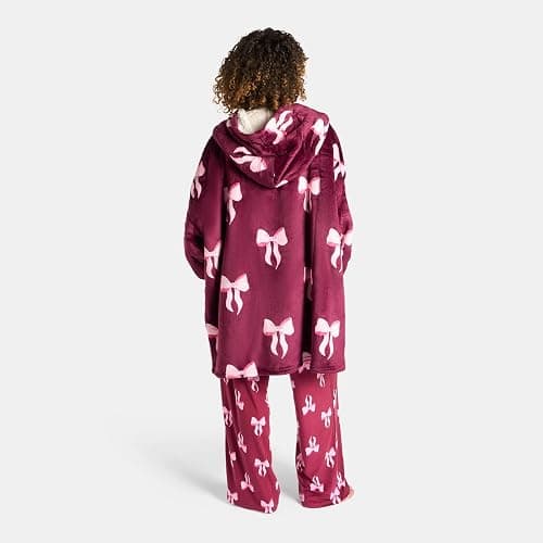 OHS Blanket Hoodie Women Bow Print, Mothers Day Gifts Super Soft Sherpa Fleece Warm Comfy Cosy Oversized Wearable Blanket Sweatshirt Big Pocket for Adults Women Girls, Burgundy/Pink thumbnail 5