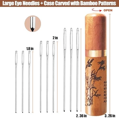 Large Eye Blunt Needles, Stainless Steel Tapestry Needle, Yarn Knitting Needles, Darning Needle with Wooden Needle Case Carving Pattern thumbnail 4