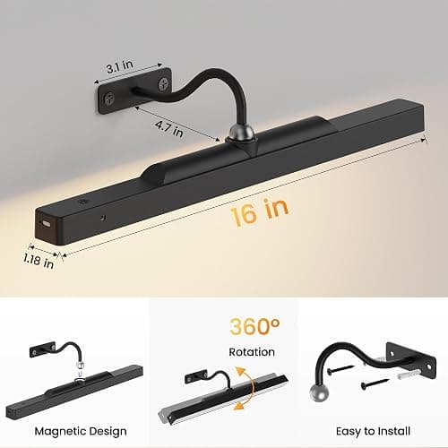 Dimmable Cordless Picture Light with Controller and Timer, Rechargeable 5000mAh Battery Wall Sconce for Wall Pictures, 16in Wall Light for Gallery Artwork, Paintings, Phote, Portraits - Black thumbnail 6