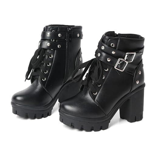 FOREADA Goth Boots Chunky Heel Boot For Women Ankle Combat Booties Black Platform Bootie Buckle Rivets Punk Goth Shoes With Zipper - Image 1