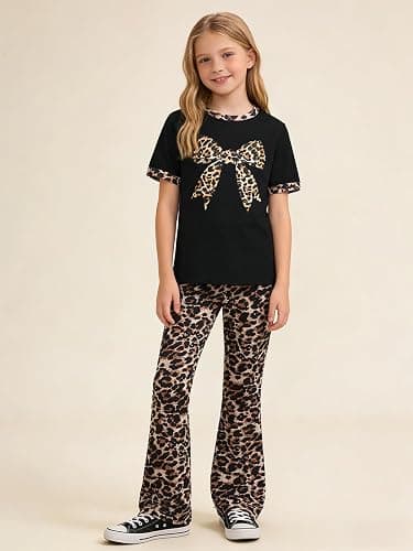 HSOXLQF Tween Girls Clothes 2 Piece Outfits Bow Short Sleeve Tops and Leopard Print Flare Pants Summer Set thumbnail 3