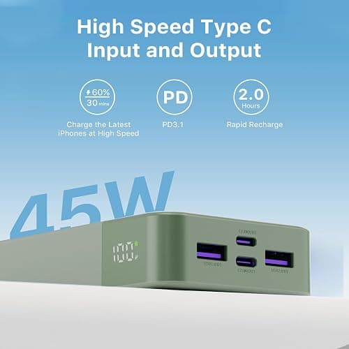 JUOVI J2621 Power Bank Portable Charger 20000mAh 45W,PD 3.0 QC 4.0 Fast Charging Battery Pack with LED Display,2 USB-C, 2 USB-A for iPad, iPhone 16 15 14 13, Tablet, Galaxy, Samsung S24 S23,Google thumbnail 4
