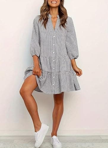 Women's Summer Casual Loose-Fit Button Down 3/4 Sleeve V Neck Cotton and Linen Plaid Loose Flowy Shirt Dress thumbnail 2