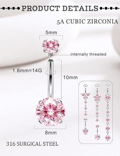 Gnznzko 14G Belly Button Ring Piercing Surgical Steel Clear Pink CZ Dangling Floating Navel Rings 10MM Length Hypoallergenic Heart Flower Butterfly Belly Piercing Jewelry for Women Men Silver Gold thumbnail 2