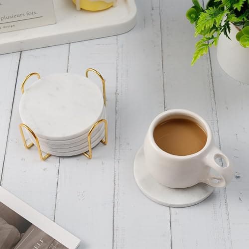 YONGHEE Carrara White Marble Coasters Set of 6 with Holder, Elegant Modern Round White Marble Drink Coasters for Coffee Table Decor, Semi Absorbent Stone Coaster for Drinks, Velvet Backed thumbnail 5