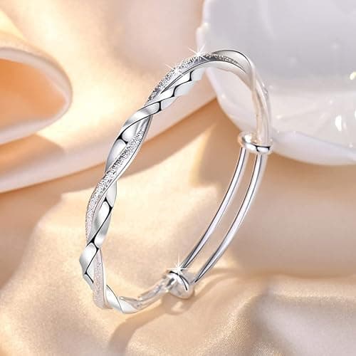 Sterling Silver Bangle Bracelets for Women,Fashion Jewelry Simple Adjustable 925 Silver Cuff Bangles for Women Mom Wife Valentine Mothers Day Gift thumbnail 3