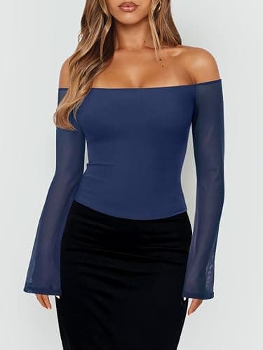 REORIA Off The Shoulder Tops for Women Tube Double Lined Mesh Going Out Shirts 2025 Fall Fashion Trendy Tops thumbnail 7