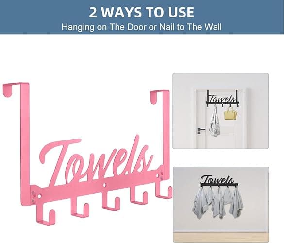 Azmoncy Over The Door Hooks, Towel Rack for Bathroom Towel Holder for Hanging Heavy Duty, Over Door Hanger with 5 Coat Hooks for Bedroom Bathroom Kitchen Towels, Pink thumbnail 3