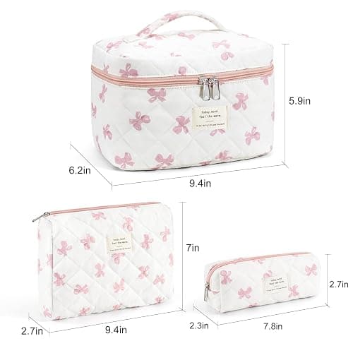 UYUUY Makeup Bag for Women 3PCS Quilted Cotton Make Up Bag Travel Cosmetic Bag Large Makeup Bag Set Cute Bow Makeup Bag Organizer Floral Toiletry Bag Makeup Pouch for Purse - White thumbnail 5