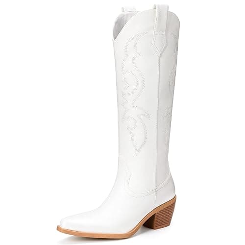 Platikly White Cowboy Boots for Women - Wide Calf Rhinestone Cowgirl Boots, Women Knee High Western Boots, Glitter Sparkly Ladies Tall Boots with Classic Embroidery and Side Zipper, Retro Classic Country Boots Pull On for Ladies - Image 1