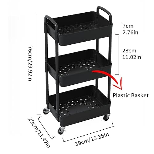Sywhitta 3-Tier Plastic Rolling Utility Cart with Handle, Multi-Functional Storage Trolley for Office, Living Room, Kitchen, Movable Storage Organizer with Wheels, Black thumbnail 3