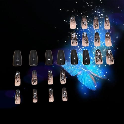 24Pcs Black Butterfly Press on Nails Glossy White Flower Medium Coffin False Nail Gradient Acrylic Full Cover Fake Nails French Gel Glue on Fingernails Ombre Stick on Nail for Holiday Manicure Art thumbnail 2