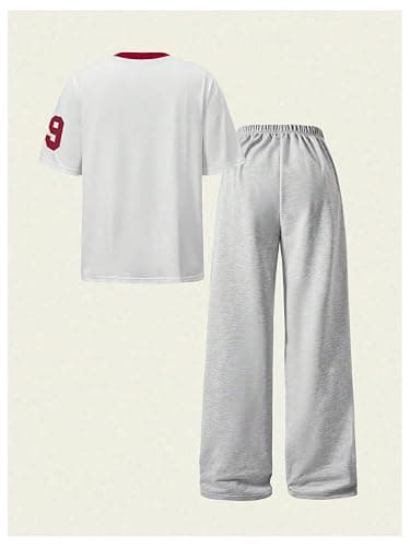 Floerns Girl's 2 Piece Outfit Number Print Short Sleeve T Shirts Wide Leg Pants Set thumbnail 3