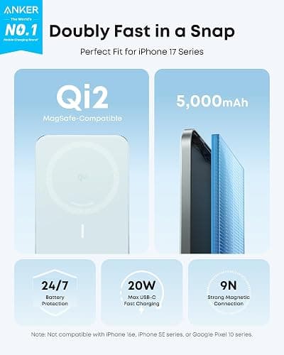 Anker Nano Power Bank, Ultra-Slim 5,000mAh Magnetic Wireless Charging Battery, Qi2 Certified 15W Max MagSafe-Compatible Portable Charger, Ergonomic Design, for iPhone Air/17/16 Series thumbnail 2