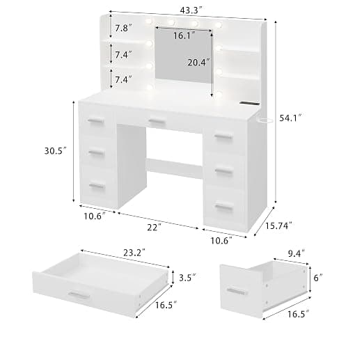Furmax Vanity Desk with Mirror, LED Lights and Power Outlet Makeup Vanity Table with 7 Drawers and 6 Storage Shelves Dressing Table for Bedroom Dressing Room (White) thumbnail 3