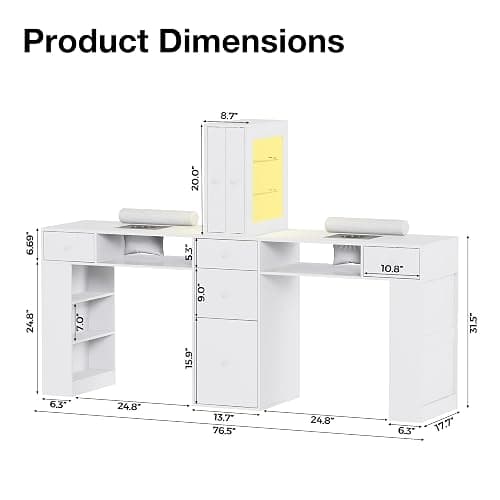 Kikihouse Double Manicure Table for Nail Tech w/LED Light Display Cabinet, Professional Nail Desk with Dust Collector, Drawers, Wrist Rest, Acetone-Resistant, for Beauty Salon, Spa & Home Workstation thumbnail 3