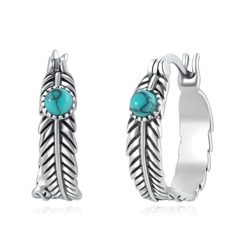 Feather Hoop Earrings 925 Sterling Silver Turquoise Earrings Western Jewelry Feather Gifts for Women - Image 1