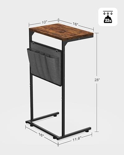 Vantic C Shaped End Table, Small Side Table for Couch | Chair Side Table for Recliner, Slide Under Sofa Tray Desk with Storage Bag for Living Room and Bedroom, Rustic Brown thumbnail 2
