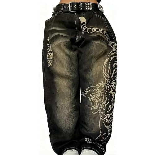 Xojbzoo Y2K Tiger Print Baggy Jeans Unisex Wide Leg Pants Retro Streetwear Hip Hop Denim Trousers thumbnail 2