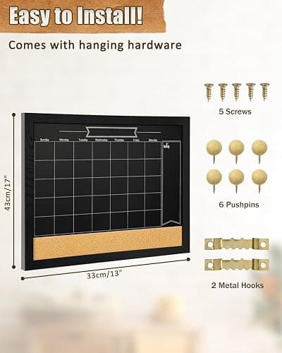TORASO Magnetic Chalkboard Calendar Corkboard, Small Combination Chalk Board Bulletin Board, 13" x 17",Black Wood Framed Blackboard Calendar Cork Combo Board(ZHHB-BK-3343) thumbnail 3