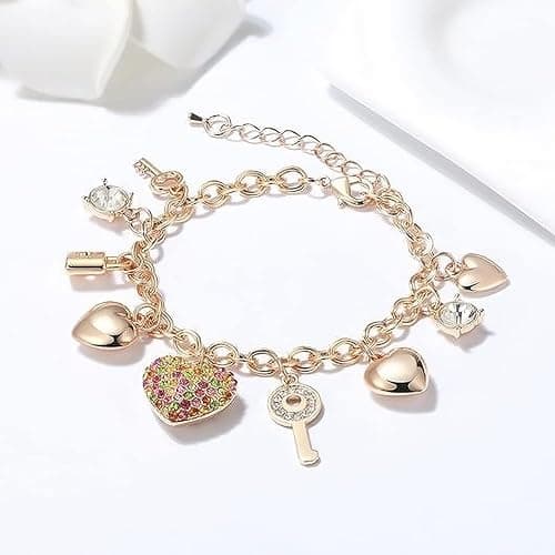 SILANER Gold Chain Link Bracelet - 7"+ 2" Extender 14K Gold Plated Love Locked Bracelets for Women, with Crystal, Love Heart,Key, Lock, Charm Bracelet thumbnail 2