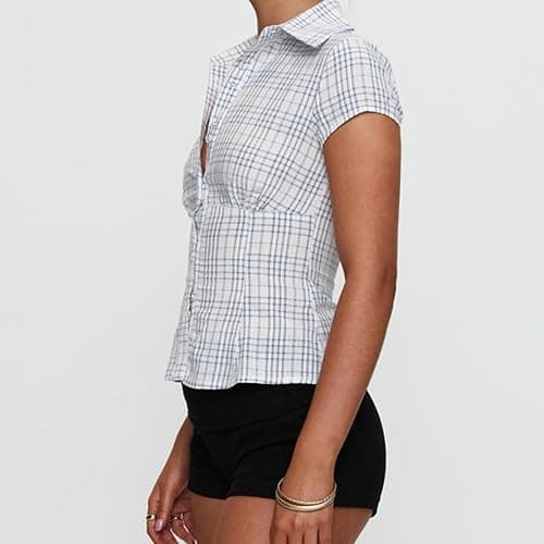 Women Y2k Short Sleeve Button Up Shirt Lapel Collar V Neck Plaid Open Front Blouse Basic Casual Going Out T-Shirt thumbnail 5