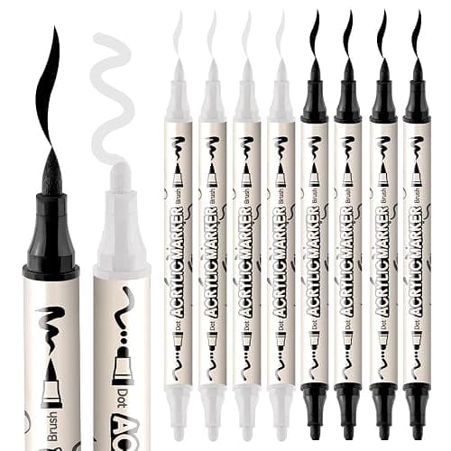 TRANSON 4 Black and 4 White Paint Markers Brush and Bold Dual-tip Acrylic Paint Marker Set for Rock Painting Glass Canvas Wood Leather Ceramic Painting thumbnail 6