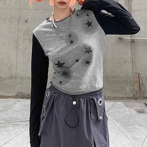 dsumvns Women Fairy Grunge Tops for Teen Girls Emo Star Graphic Y2k Crop Top Color Block Long Sleeve Alternative Clothes thumbnail 3