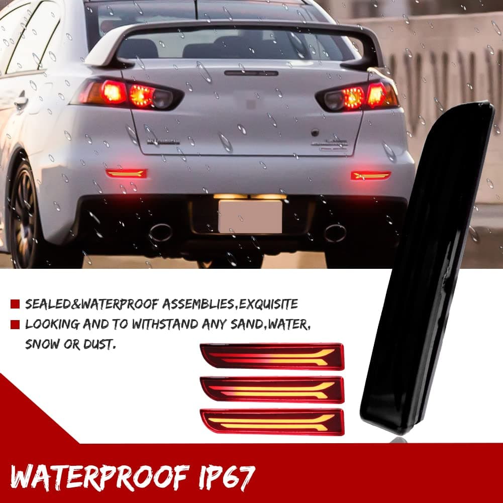 Smoked Lens Led Rear Bumper Reflector Brake Tail Light with Sequential Turn Signal Lamps and Strobe Brake Lighting for Mitsubishi Lancer, Evolution X or Outlander 2008-2017 thumbnail 4