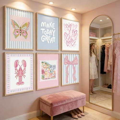6Pcs Unframed Pink Blue Beach Wall Art Trendy Coastal Granddaughter Wall Decor Picture Summer Preppy Lobster Bow Canvas Posters Prints for Girls Apartment Dorm Home Decorations thumbnail 5