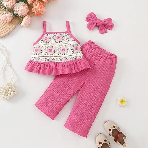 Voonlie Toddler Baby Girl Summer Clothes Outfits Crocheted Ruffle Camisole Pants Kids Clothing Set thumbnail 2