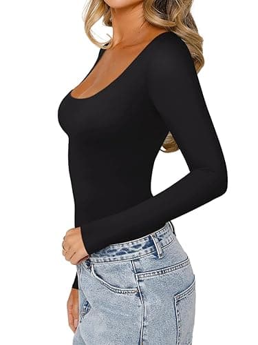 REORIA Women's Sexy Basic Sexy Scoop Long Sleeve Double Lined Layering Slim Bodysuit Tops thumbnail 4