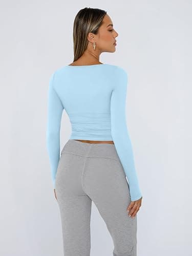 Trendy Queen Womens Long Sleeve Shirts Crop Tops Fall Fashion 2025 Square Neck Going Out Basics Tees Y2k Clothes thumbnail 5