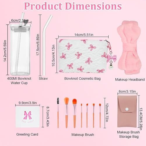 AUYAO Gifts for Girls Teenage Women Christmas Birthday Gift Set Coquette Pink Bow Gift Set with Glass Cup with Lid and Straw Headband Makeup Brushes Cosmetic Bag Greeting Card Unique Presents thumbnail 2