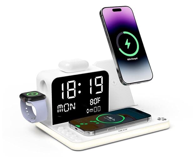Acer 7-in-1 Wireless Charging Station with LED Clock - 30W Fast Wireless Charger for iPhone 16/15/14/13/12/Pro Max, Apple Watch, AirPods - Bluetooth Auto Time Sync & Night Lights (White) - Image 1