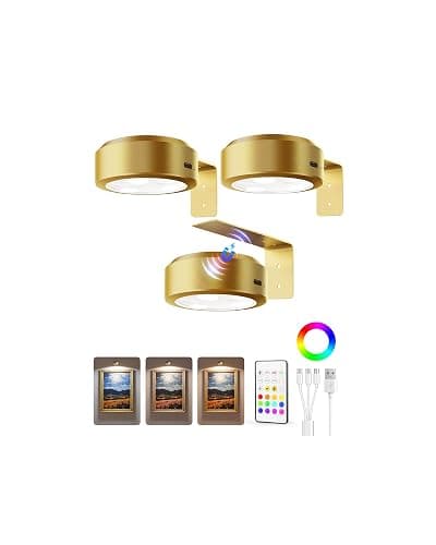 EZVALO Picture Lights for Wall, 2000mAh Rechargeable Battery Magnetic Poster Lights with 3 Color Temps & 12 RGB, Remote Dimmable Timer Painting Light, Wall Decor Light for Art Display, Frame (3 Pack) - Image 1