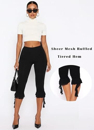 Navneet Women Y2k Ruffle Flare Leg Capri Leggings Knee Length Capri Pants Slim Fit Cropped Trousers thumbnail 4