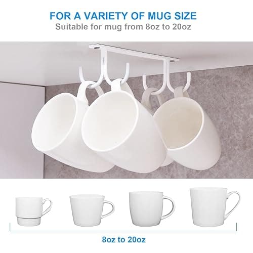 FOMANSH Mug Rack Under Cabinet - Coffee Cup Holder, 12 Mugs Hooks Under Shelf, Display Hanging Cups Drying Hook for Bar Kitchen Utensils White thumbnail 4