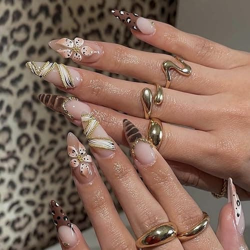 Leopard Prints French Tips Press on Nails Medium Almond Nails Press on with 5D Flower Charm Design Glossy Brown Glue on Nail Rhinestone Lines Fake Nails Fall Winter Nail for Women Manicure 24Pcs thumbnail 2