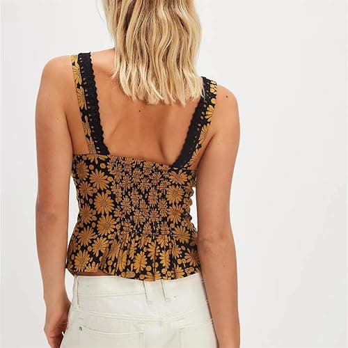 Women Breathable Floral Button Down Crop Tank Top Backless Front Tie Ruffle Trim For Summer Sexy Smocked Sleeveless thumbnail 7