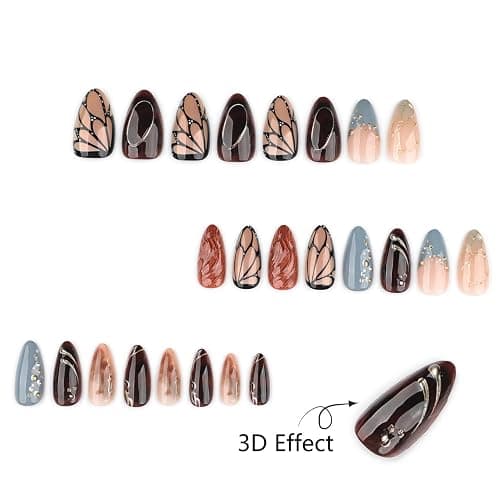 Mivota Luxury Smoky Blue Amber Press On Nails Medium Almond Gold Metal Butterfly Brown Marble Fake Nails Set Vintage Elegant 3D Gold Bead Reusable Nails for Women Korean Chic Daily Wear Nail Tips thumbnail 4
