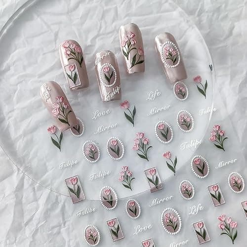 Flower Nail Stickers 5D Embossed Nail Art Stickers Decals Self-Adhesive Pink Tulips Floral Nail Supplies Spring Nail Art Design Decoration Accessories thumbnail 3